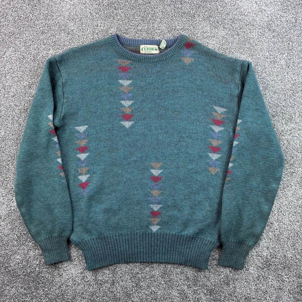 Vintage Sears Classics Sweater Men's XL Green Teal Geometric Knit Wool Blend